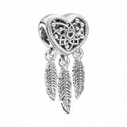 Charm Attrape Reve Coeur Ajoure et Trio de Plumes PANDORA MOMENTS