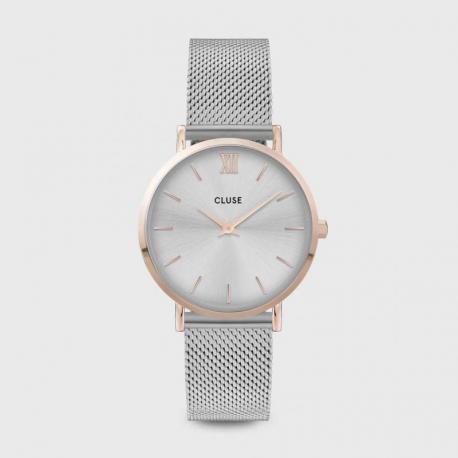 Montre Femme Minuit Bicolore Boîtier Rosé Bracelet Milanais Fond Gris Cluse