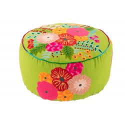 Pouf rond fleurs brodé vert