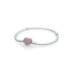 Bracelet Maille Serpent Fermoir Cÿur Rose Scintillant Couleur ARGENT et ROSE PANDORA MOMENTS Taille 18