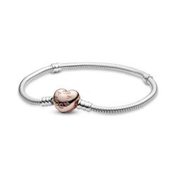 Bracelet Maille Serpent Fermoir Cÿur Rose Couleur ARGENT et ROSE PANDORA MOMENTS Taille 23